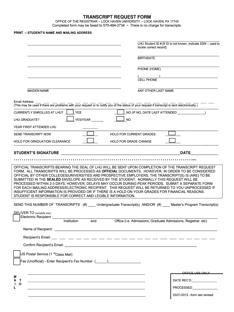 Get and Sign Lock Haven University Transcripts 2012-2022 Form