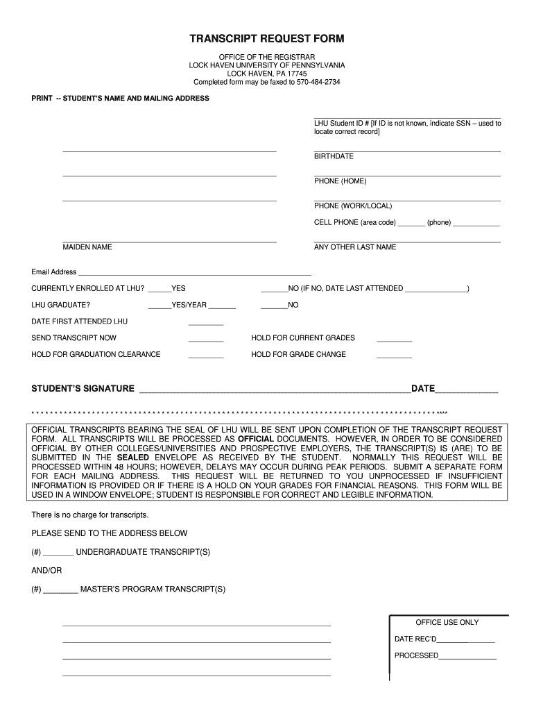 Lock Haven University Transcript Request  Form