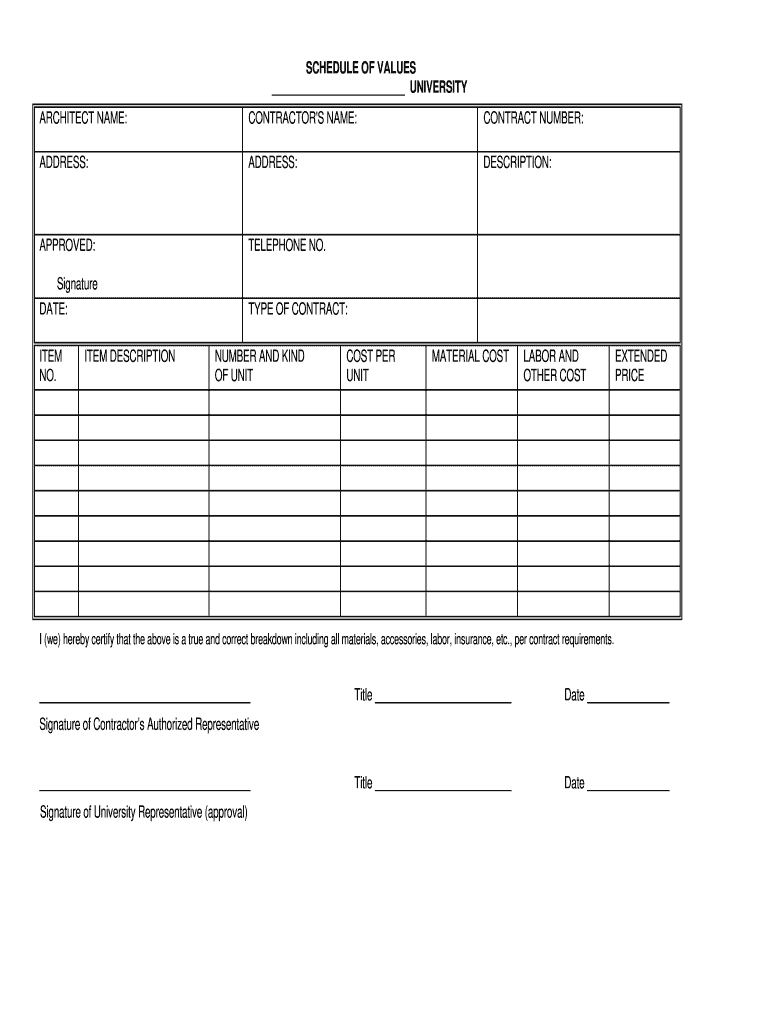 Schedule of Values Template Excel  Form