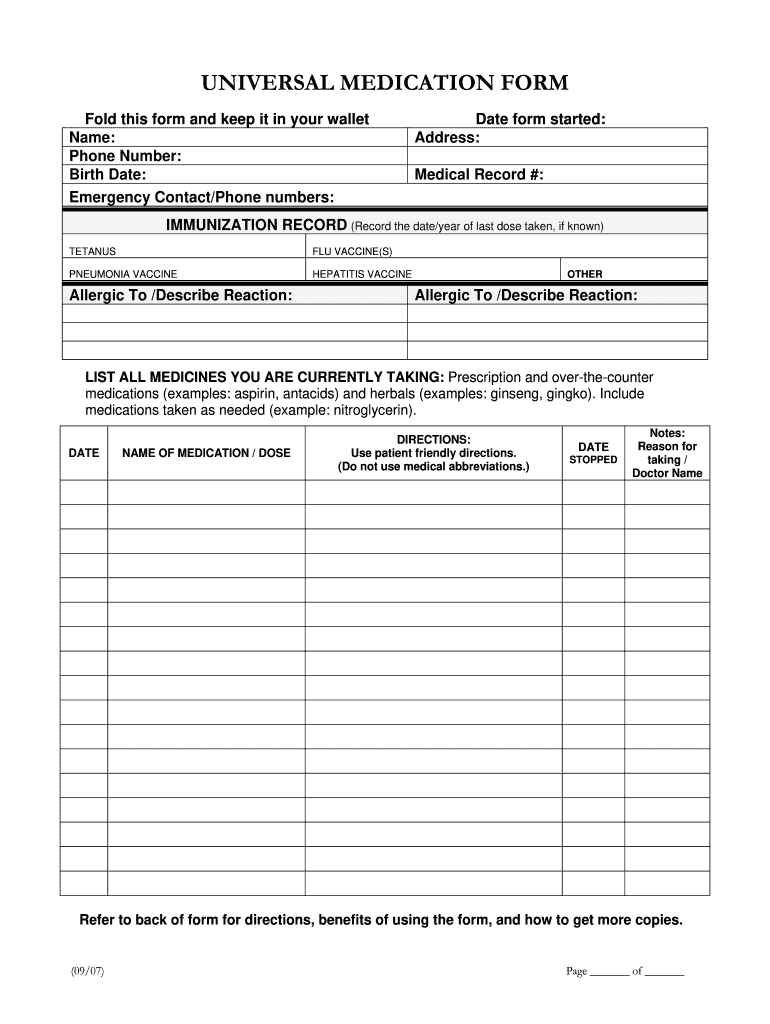 Printable Medication Form