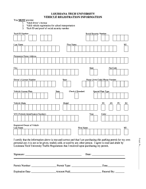 LOUISIANA TECH UNIVERSITY VEHICLE REGISTRATION Latech  Form