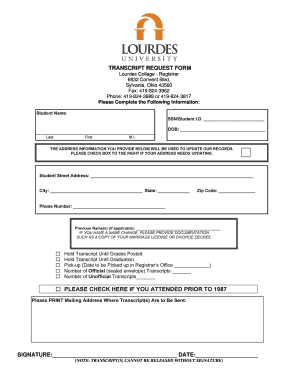 Lourdes University Transcripts  Form