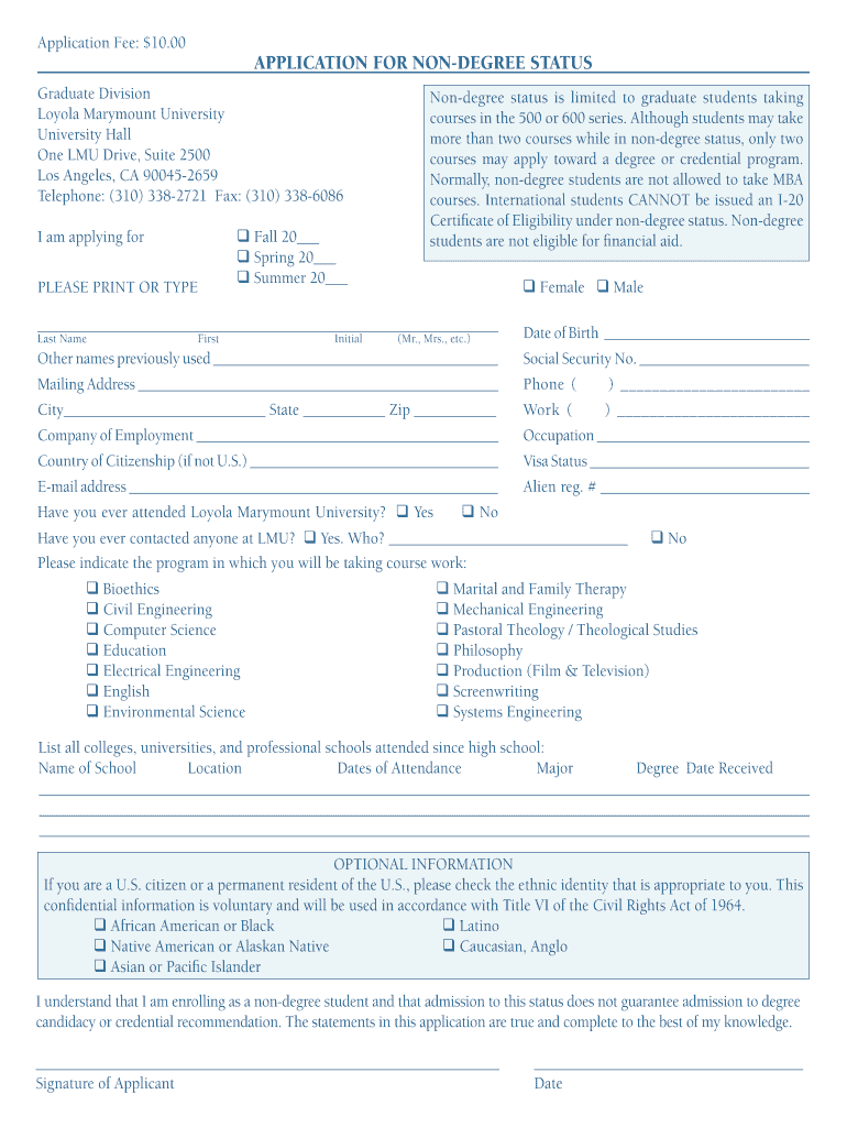 APPLICATION for NON DEGREE STATUS  Loyola Marymount  Form