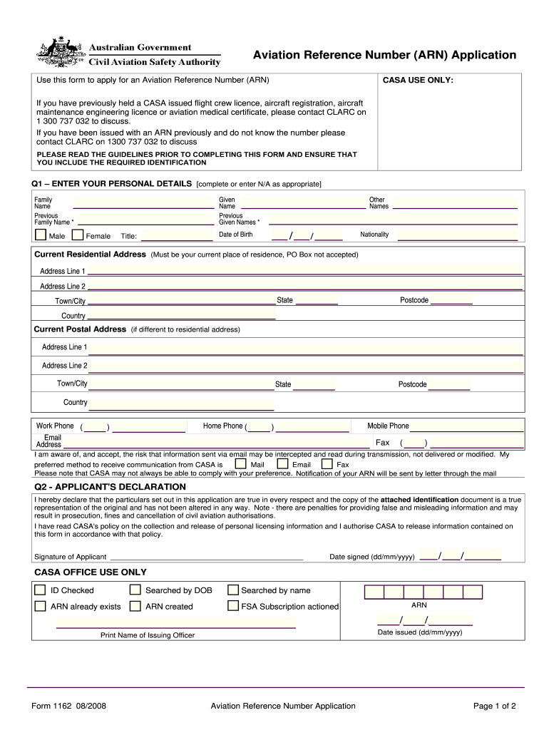  Aviation Reference Numberarn Form 1162 2008