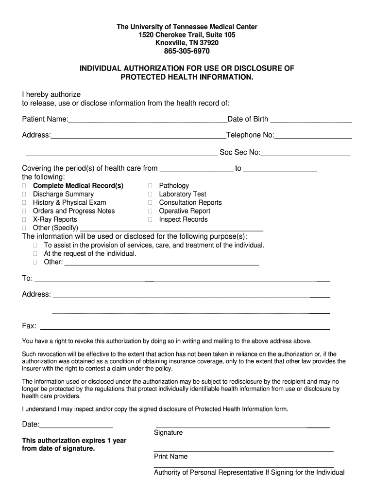 Medical Records Release Form the University of Tennessee Utmedicalcenter