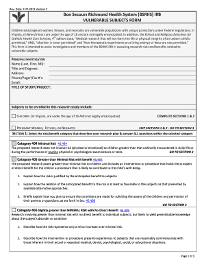 Vulnerable Subjects Bon Secours Richmond Health System  Form