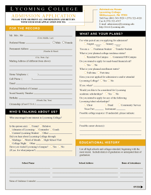 Lycoming College Printable Application PDF File Form