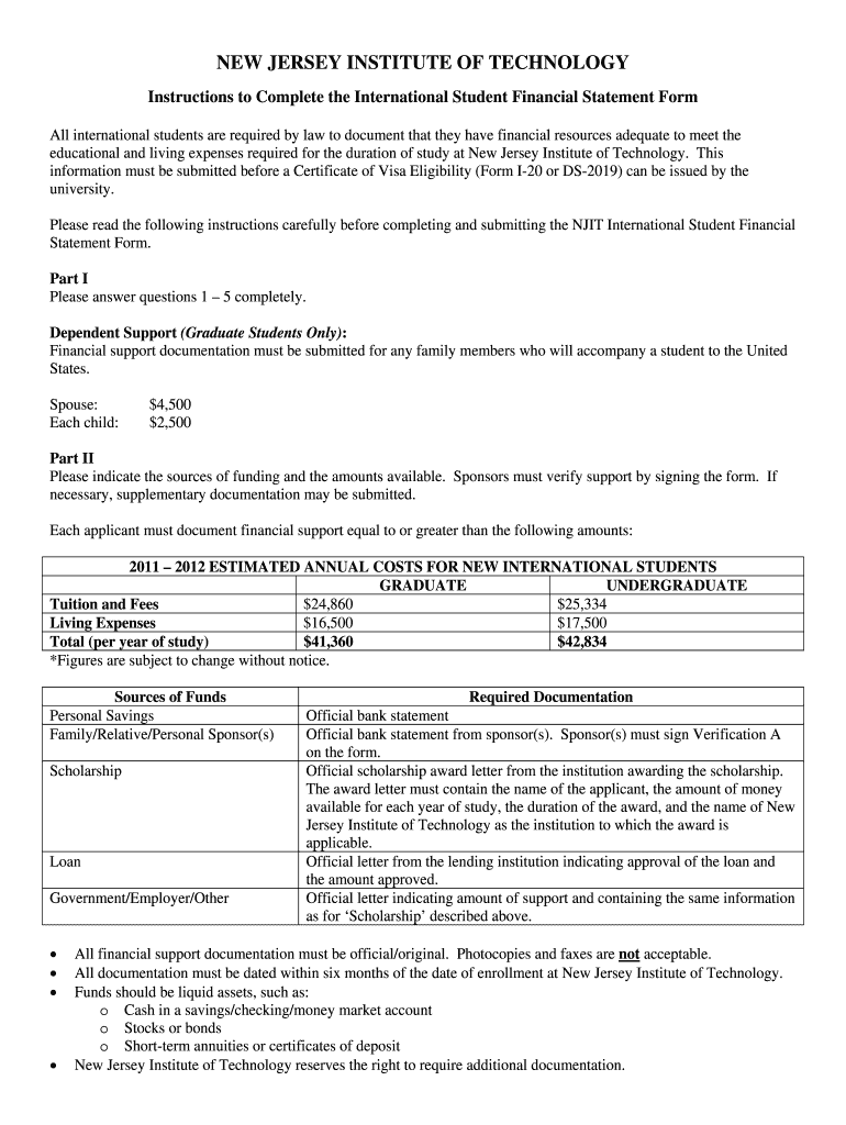 International Student Financial Statement Form New Jersey Njit