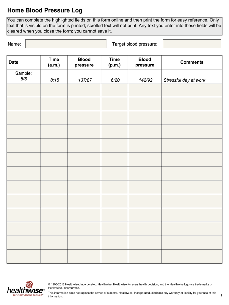 Blood Pressure Printable Chart  Form