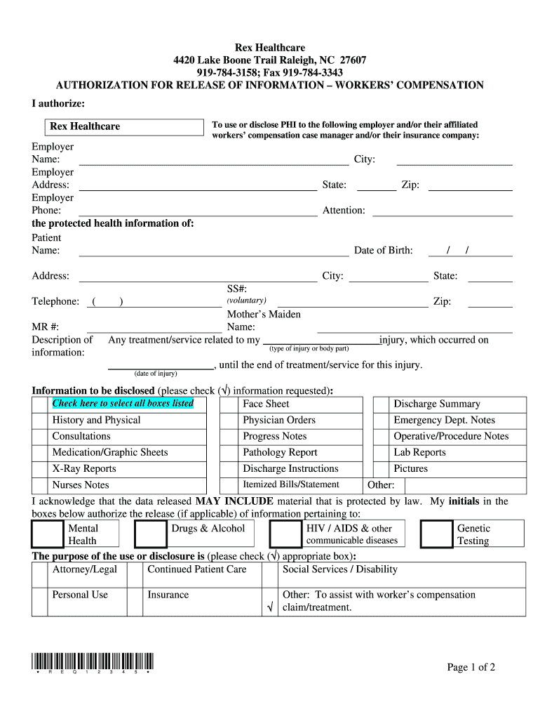 Rex Hospital Medical Records  Form