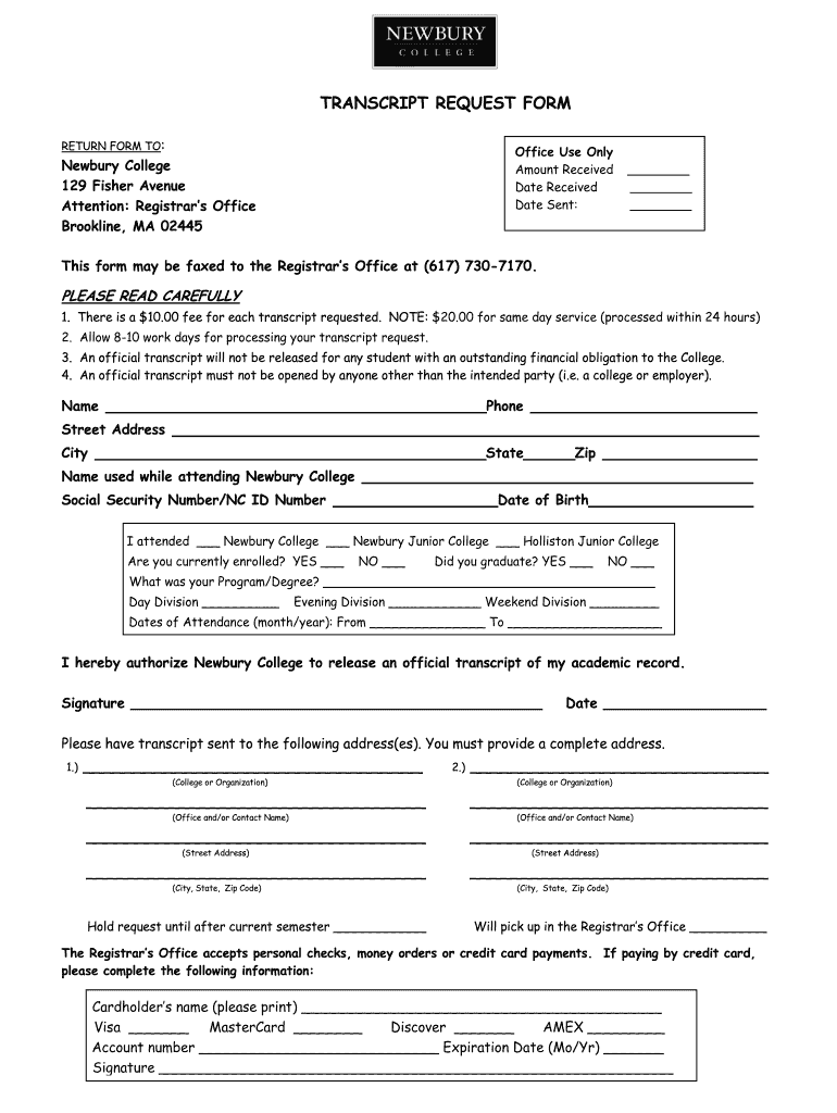Get and Sign Newbury College Transcripts  Form