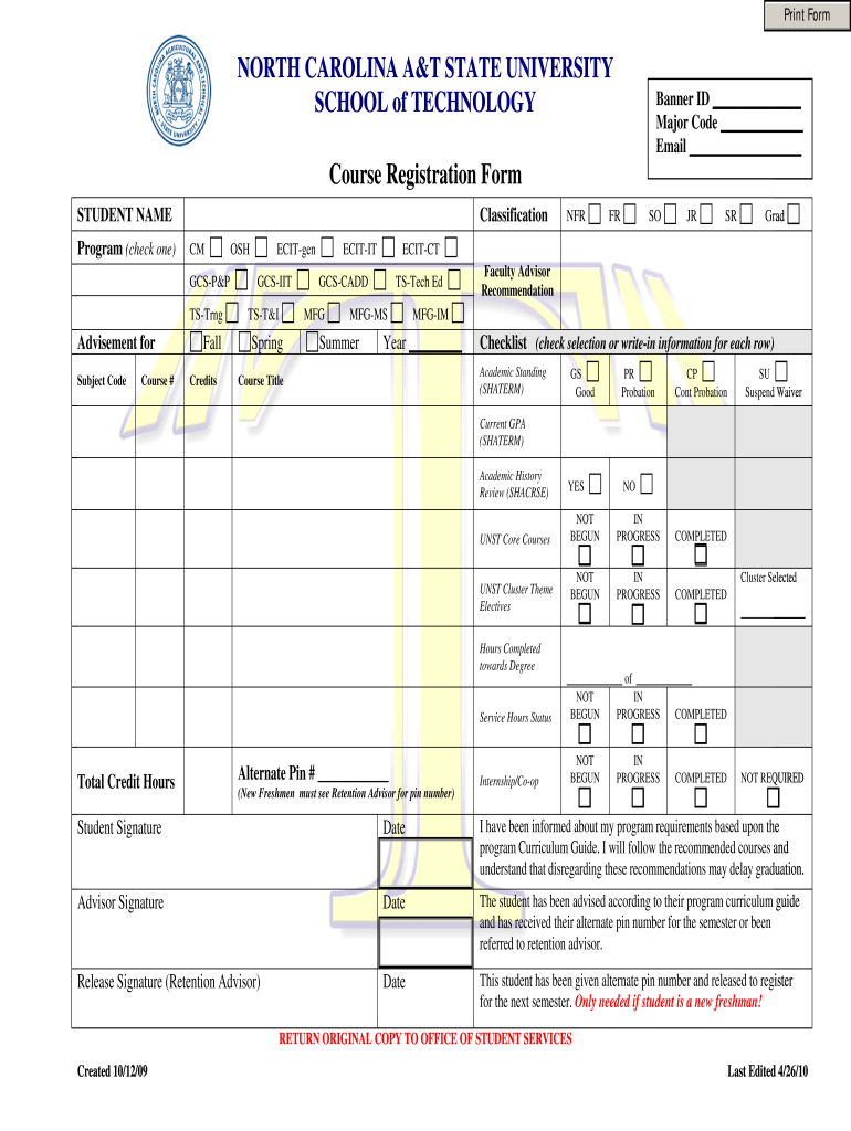  COURSE Registration Form North Carolina A&T State University Ncat 2010-2024