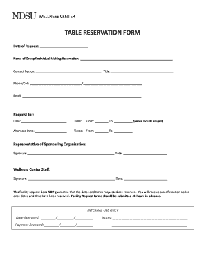 Table Reservation Form Sport Organizations Ndsu