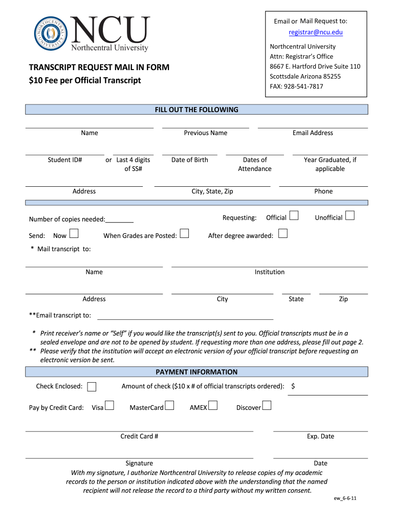 Get and Sign Northcentral University Transcript Request 2011-2022 Form