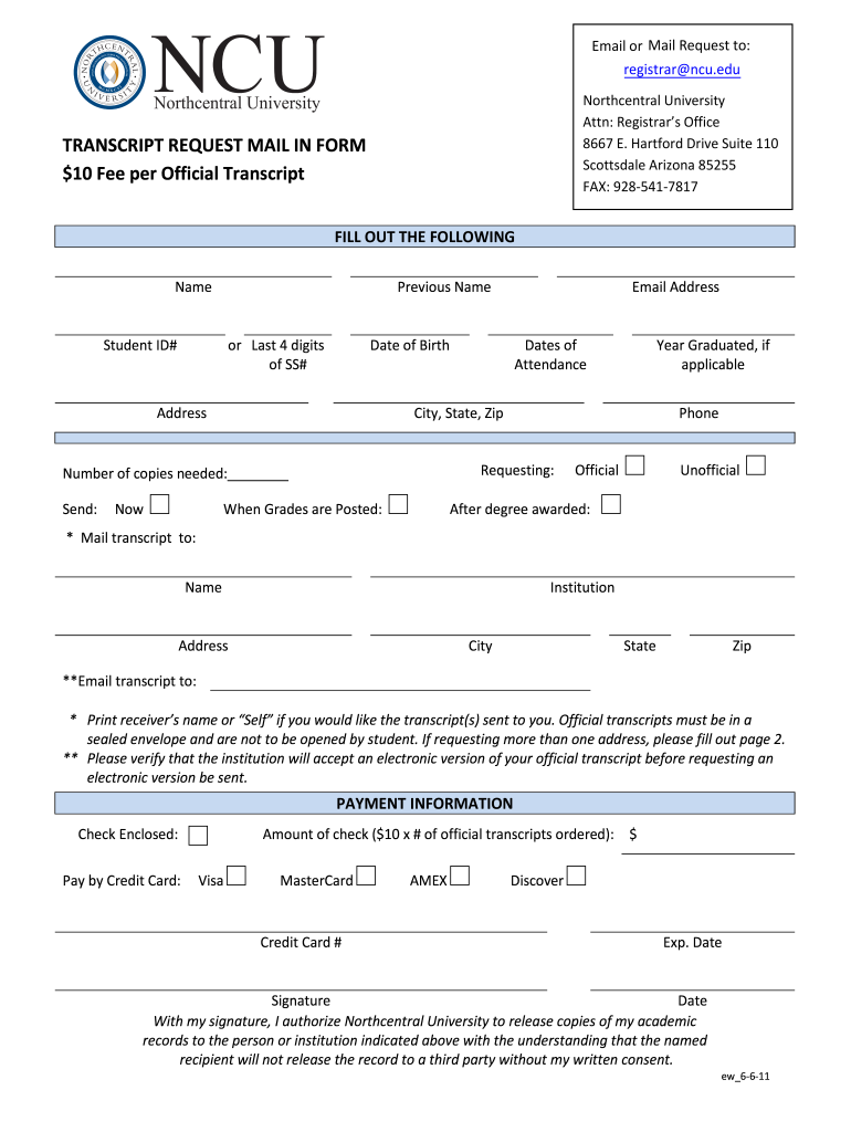  Northcentral University Transcript Request 2011-2024