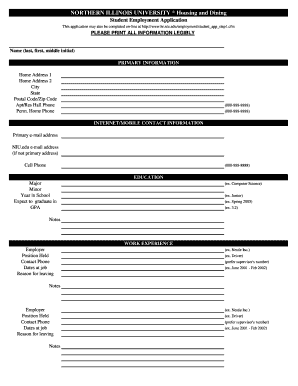 Student Employment Application Northern Illinois University Niu  Form