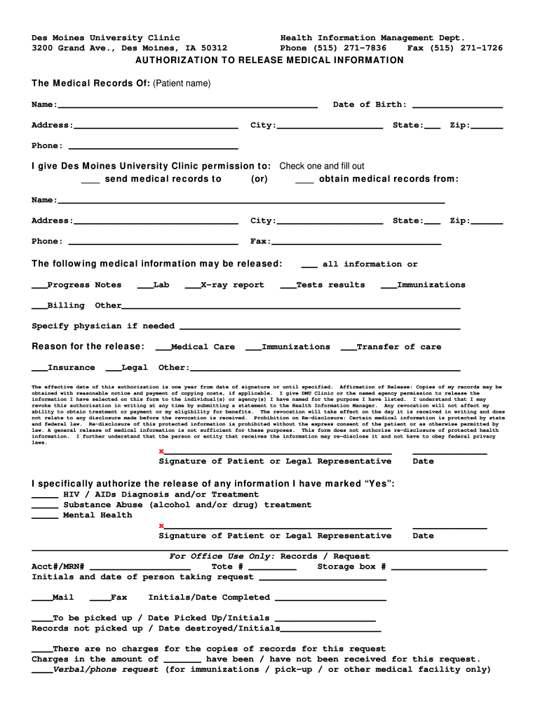  Authorization to Release Medical Information 2010