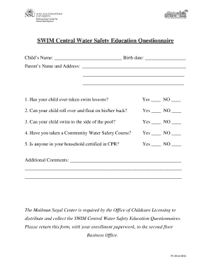 Water Safety Questionnair PDF  Form