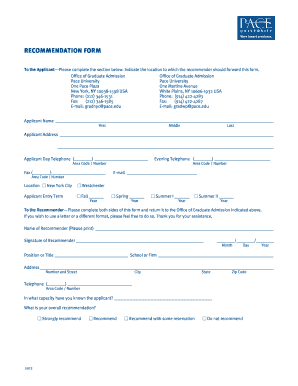 RECOMMENDATION FORM Pace University Pace