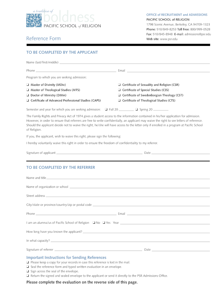 PSR Reference Form  Pacific School of Religion  Psr