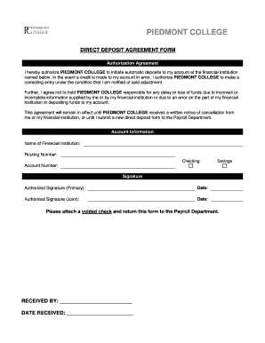 DIRECT DEPOSIT AGREEMENT FORM Piedmont College Piedmont