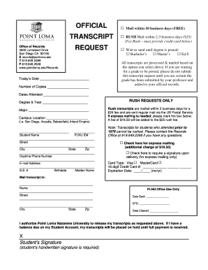 Plnu Unofficial Transcript  Form