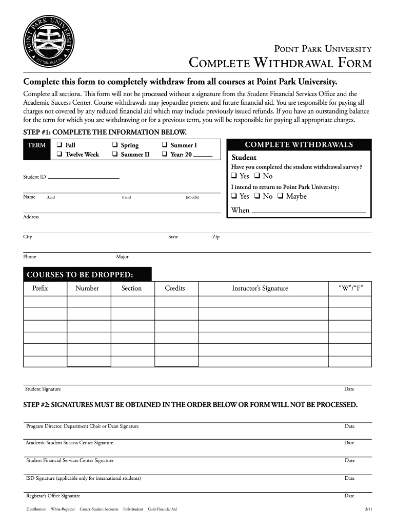 ComPlete WithdraWal Form Point Park University Pointpark