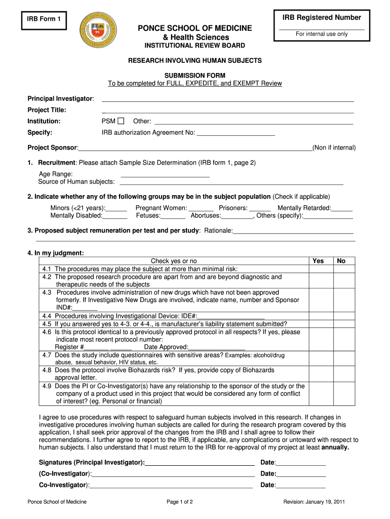  IRB FORM 1 Page1 PDF  Ponce School of Medicine and Health    Psm 2011-2024