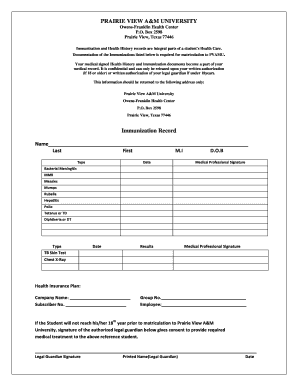 PRAIRIE VIEW A&amp;M UNIVERSITY Immunization Record Pvamu  Form