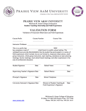 Field Experiences Validation Form Prairie View A&amp;M University Pvamu