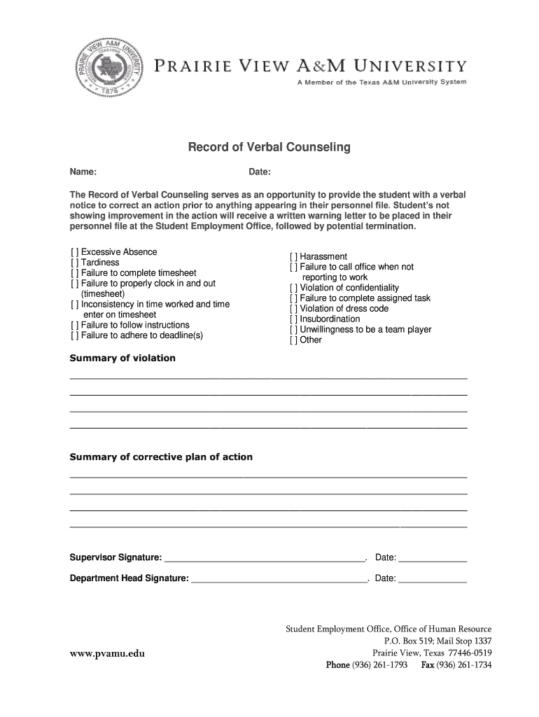 Employee Verbal Counseling Form