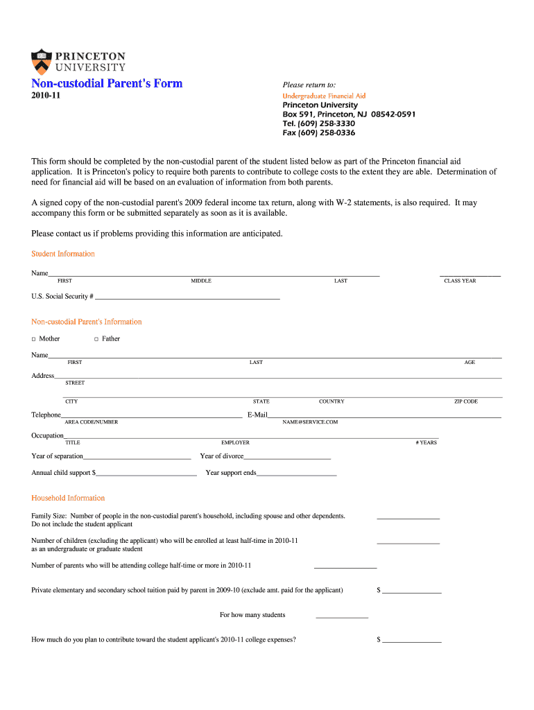 Get and Sign Non Custodial Parent&#39;s Form  Princeton University  Princeton 2010