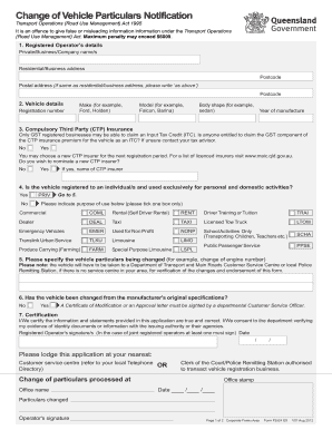 Change of Vehicle Particulars Qld Online  Form