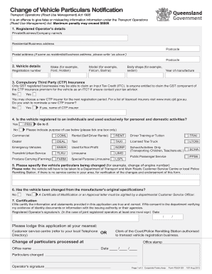 Change of Vehicle Particulars Qld Online Form