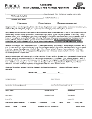 Club Sports Waiver, Release, &amp; Hold Harmless Purdue University Purdue  Form
