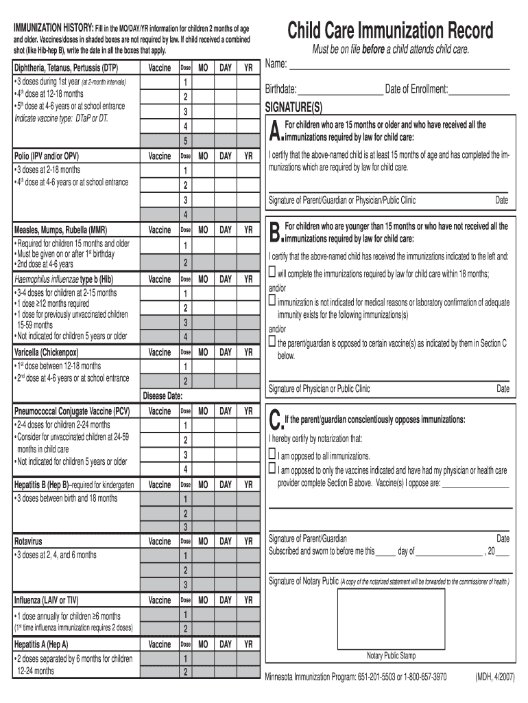  Mn Child Care Immunization Record Form 2007