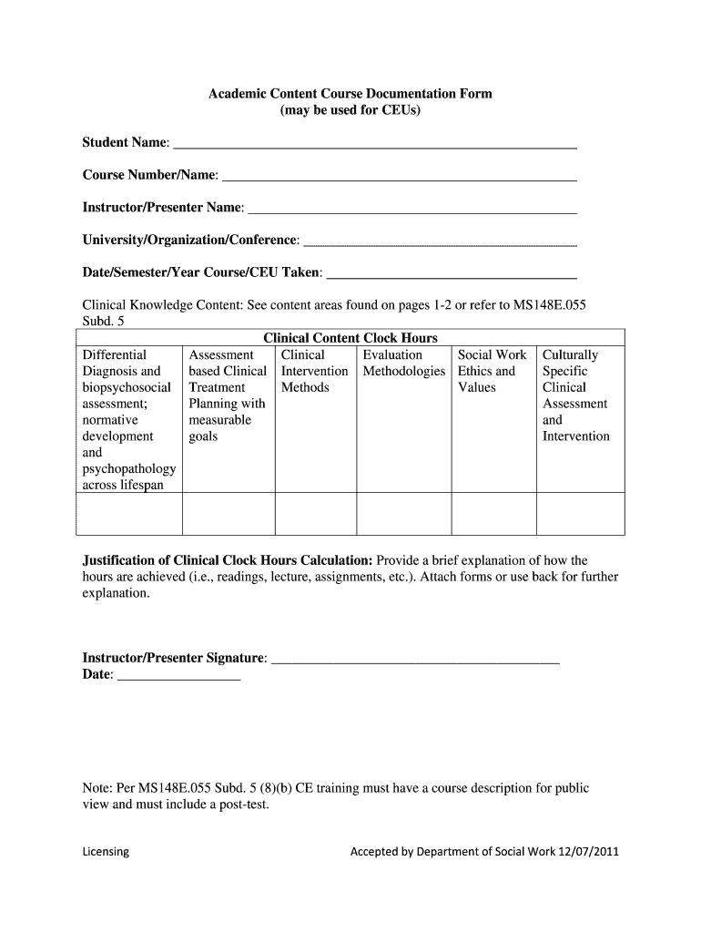 Get and Sign Academic Content Course Documentation Form  St Cloud State    Stcloudstate 2011-2022
