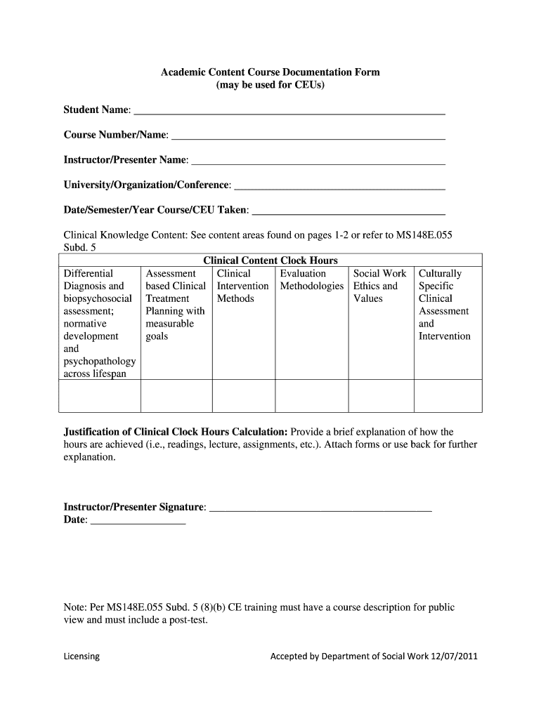  Academic Content Course Documentation Form  St Cloud State    Stcloudstate 2011-2024