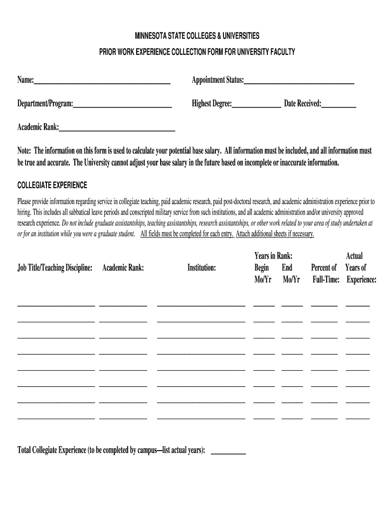Prior Work Experience Collection Form St Cloud