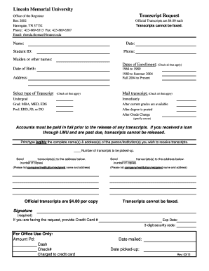 Lincoln Memorial University Transcript Request  Form