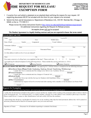 Request for Release Exemption Form Loyola University Chicago Luc