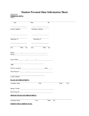 Personal Data Sheet for Students  Form