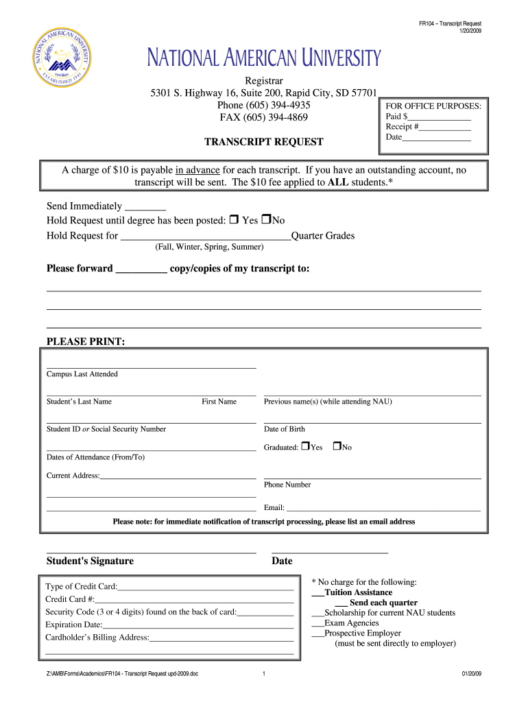  National American University Transcript Request  Form 2009