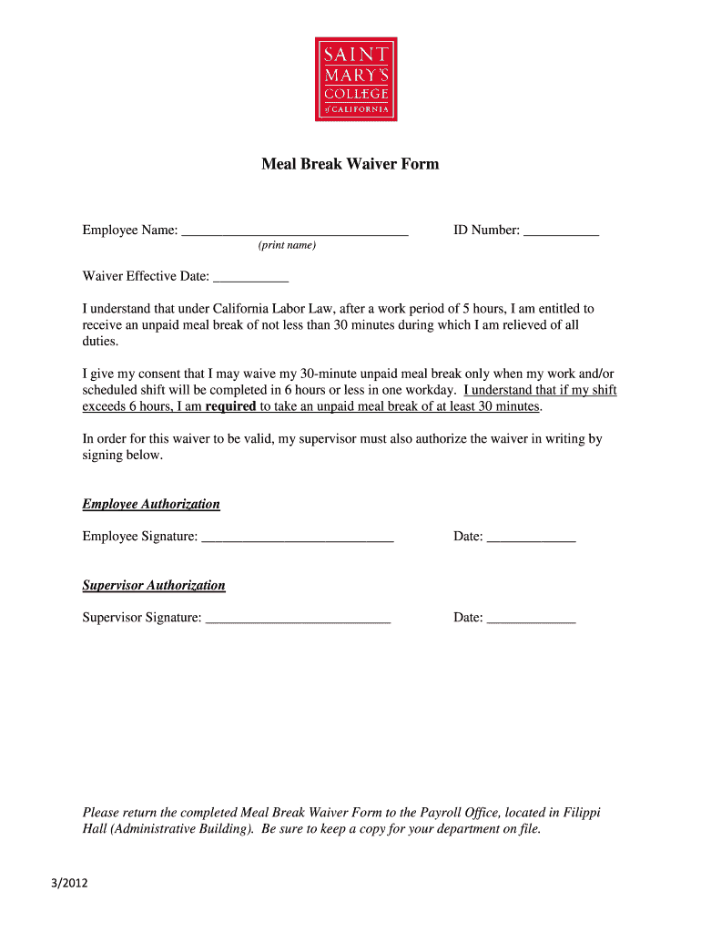  California Meal Break Waiver Form PDF 2012-2024