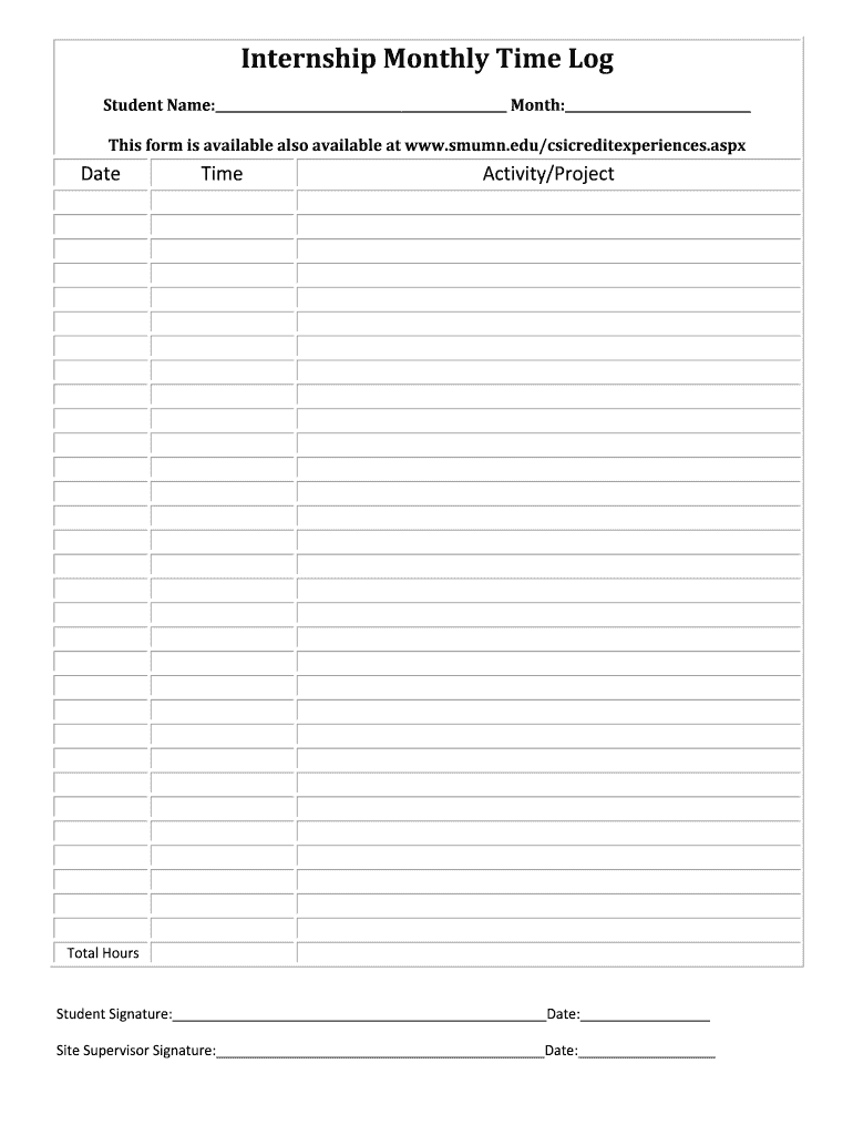 Internship Monthly Time Log  Smumn  Form