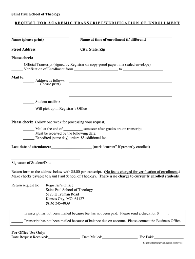 Get and Sign Transcript Enrollment Verification Request Form  Saint Paul School 2011-2022