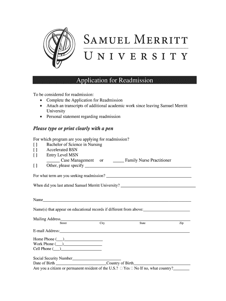  Application for Readmission  Samuel Merritt University  Samuelmerritt 2009