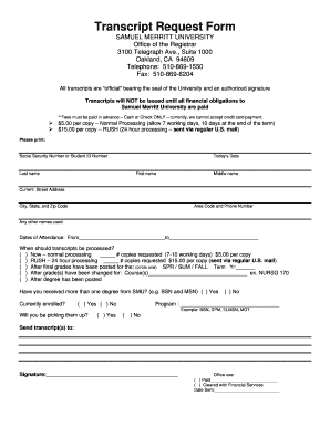 Samuel Merritt University Transcript Request  Form