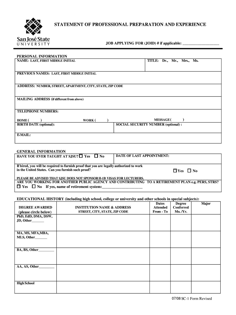  SC 1 Form Statement of Professional Preparation and  Sjsu 2008-2024