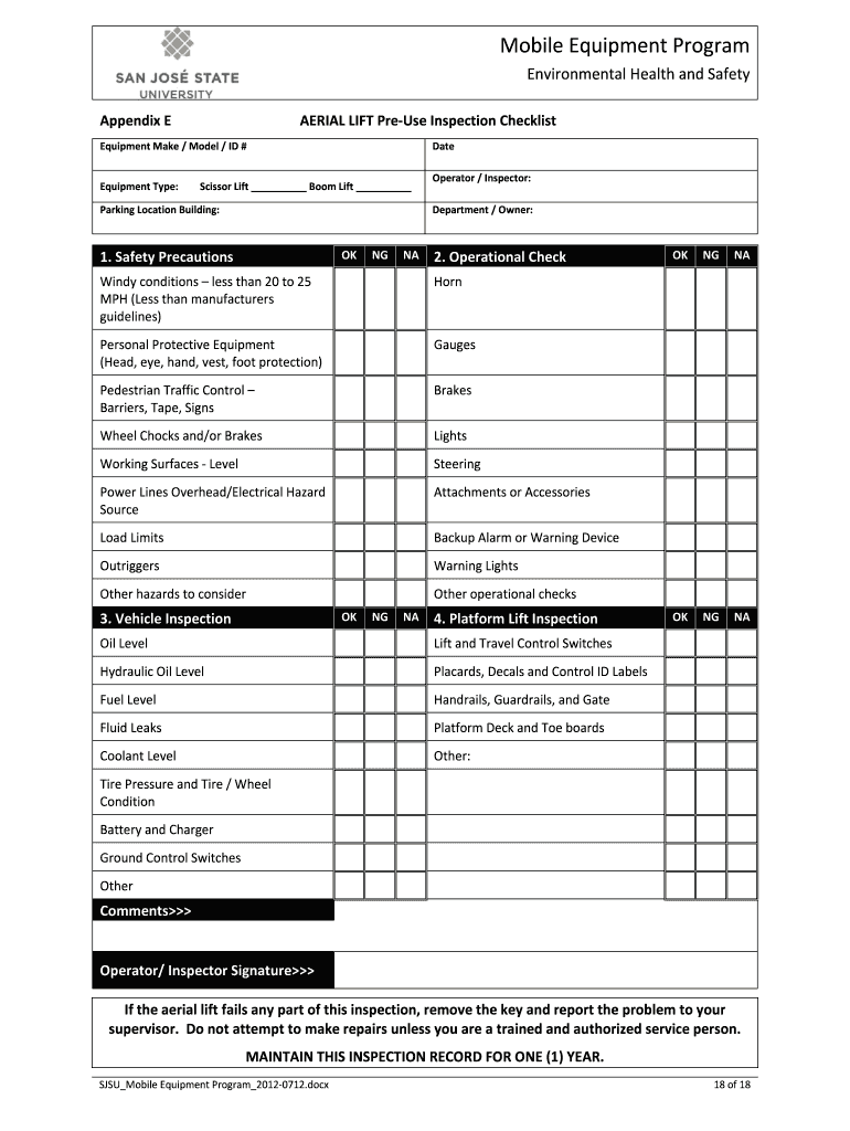  Aerial Lift Inspection Checklist PDF 2012-2024